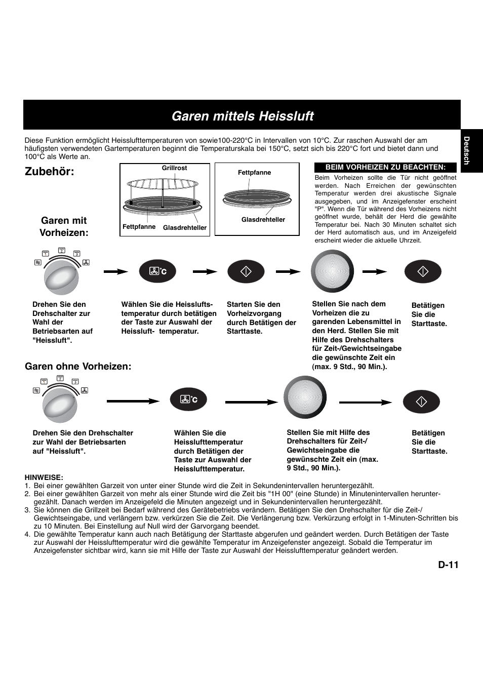 Garen mittels heissluft, Zubehör, D-11 | Garen mit vorheizen, Garen ohne vorheizen | Panasonic NNL534MBWPG User Manual | Page 12 / 189