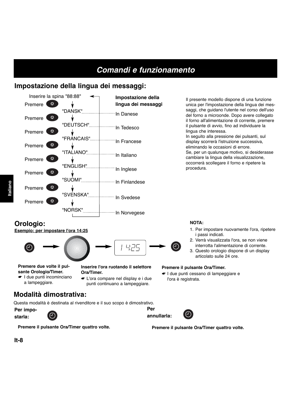 Comandi e funzionamento, Orologio, Impostazione della lingua dei messaggi | Modalità dimostrativa | Panasonic NNL534MBWPG User Manual | Page 121 / 189