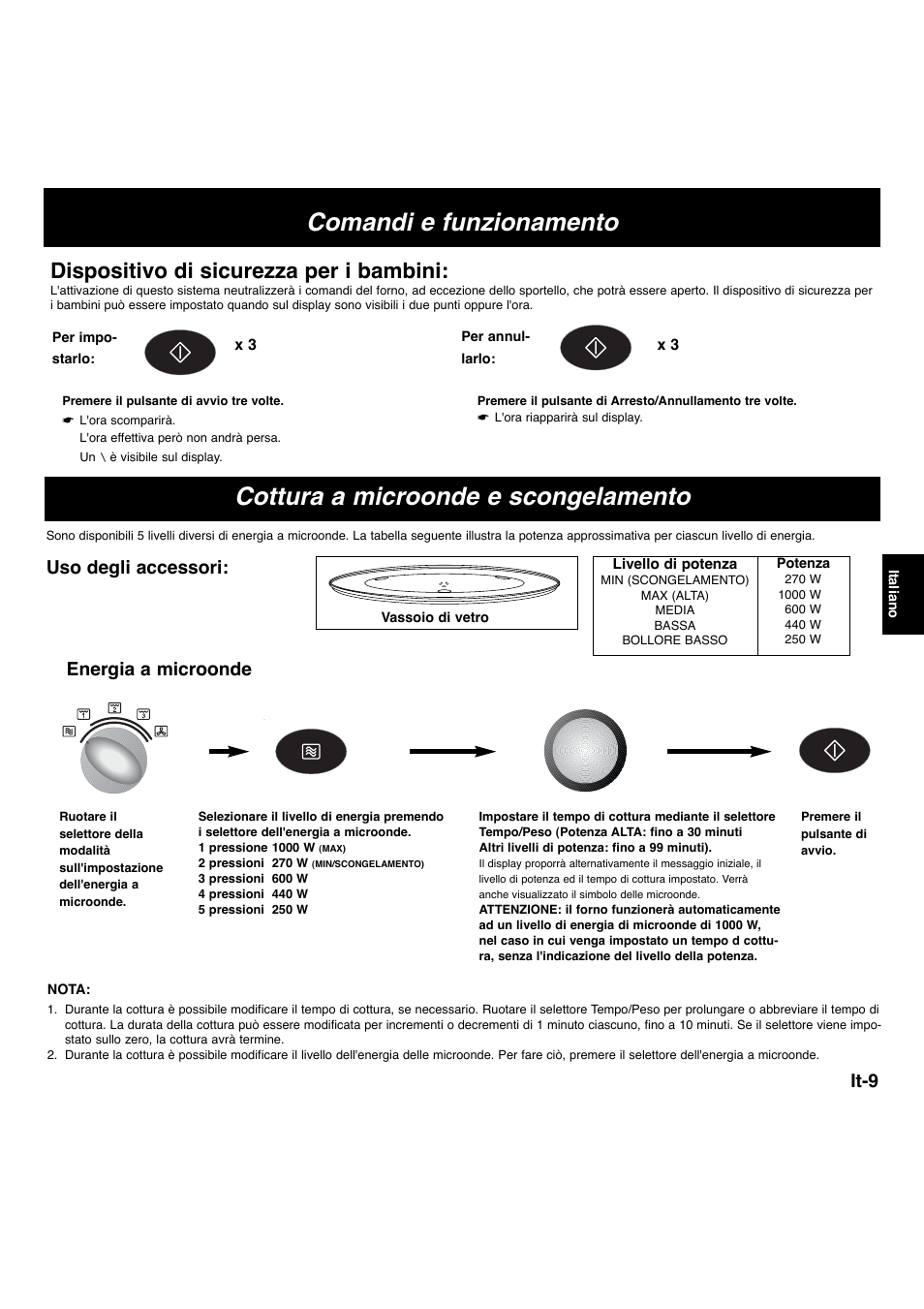 Cottura a microonde e scongelamento, Comandi e funzionamento, Dispositivo di sicurezza per i bambini | It-9, Uso degli accessori, Energia a microonde | Panasonic NNL534MBWPG User Manual | Page 122 / 189