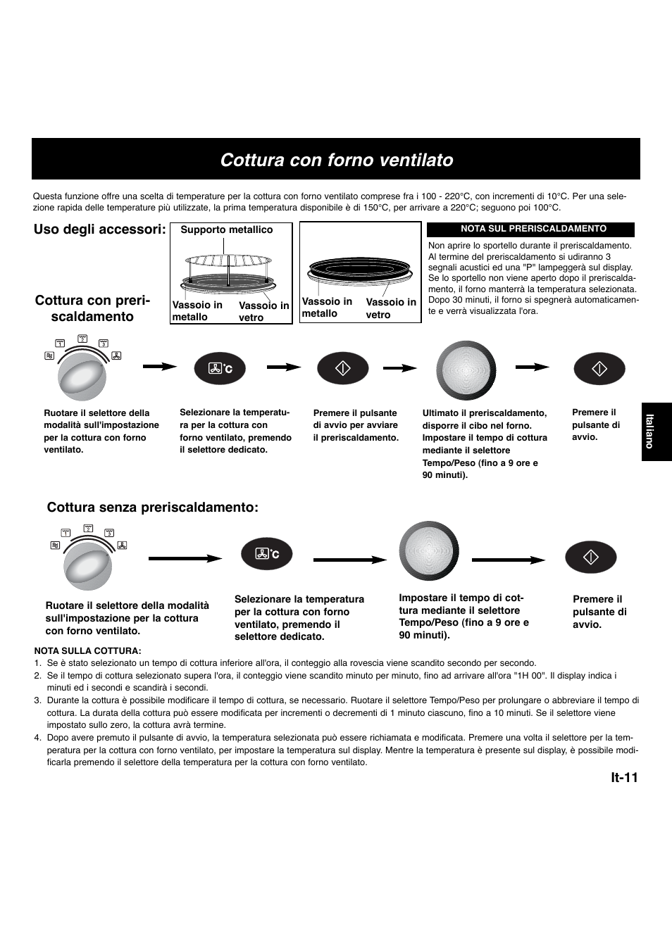 Cottura con forno ventilato, It-11, Cottura senza preriscaldamento | Uso degli accessori, Cottura con preri- scaldamento | Panasonic NNL534MBWPG User Manual | Page 124 / 189