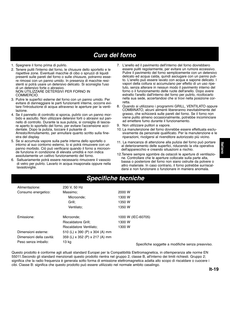 Cura del forno specifiche tecniche, It-19 | Panasonic NNL534MBWPG User Manual | Page 132 / 189