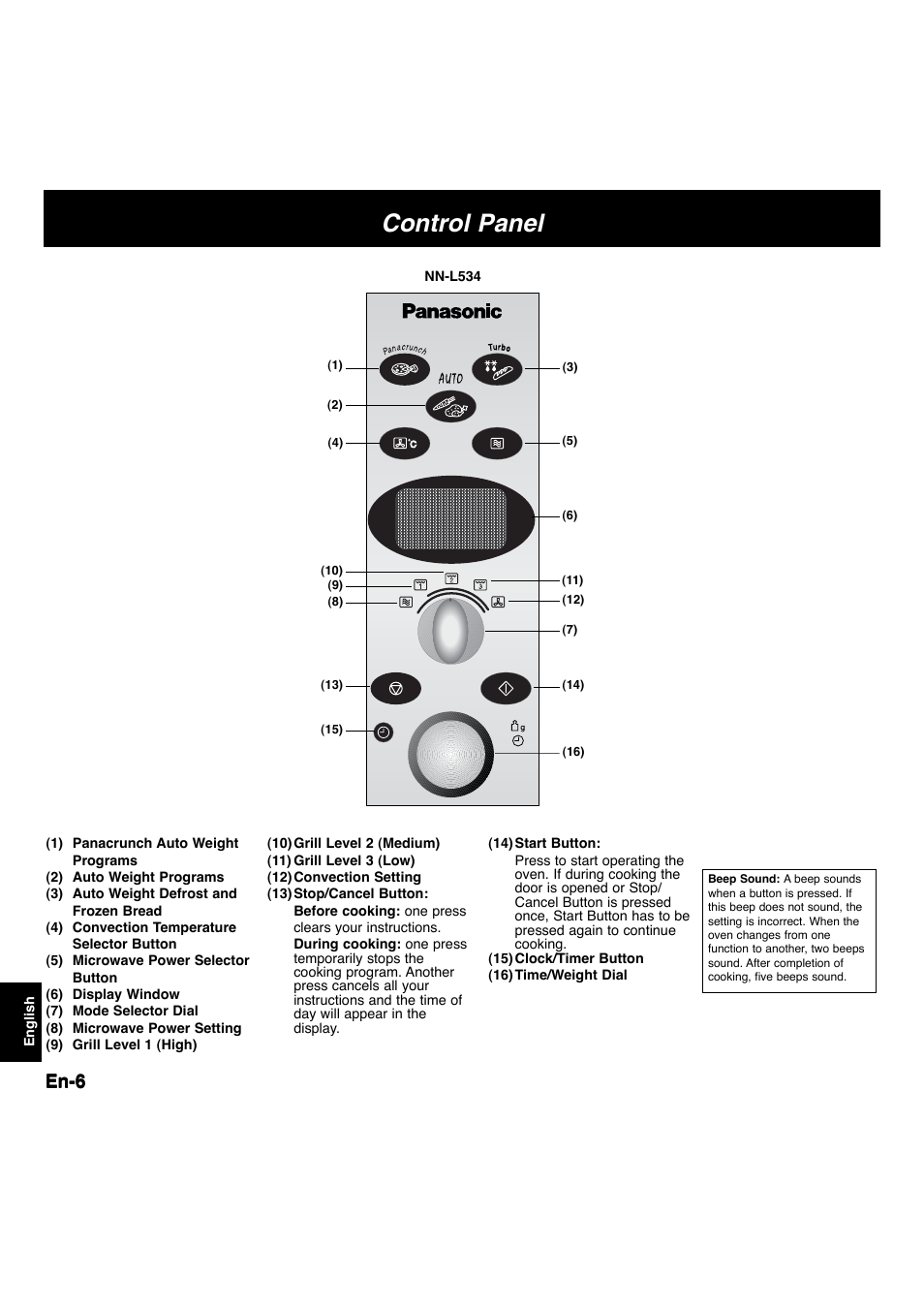 Control panel, En-6 | Panasonic NNL534MBWPG User Manual | Page 138 / 189
