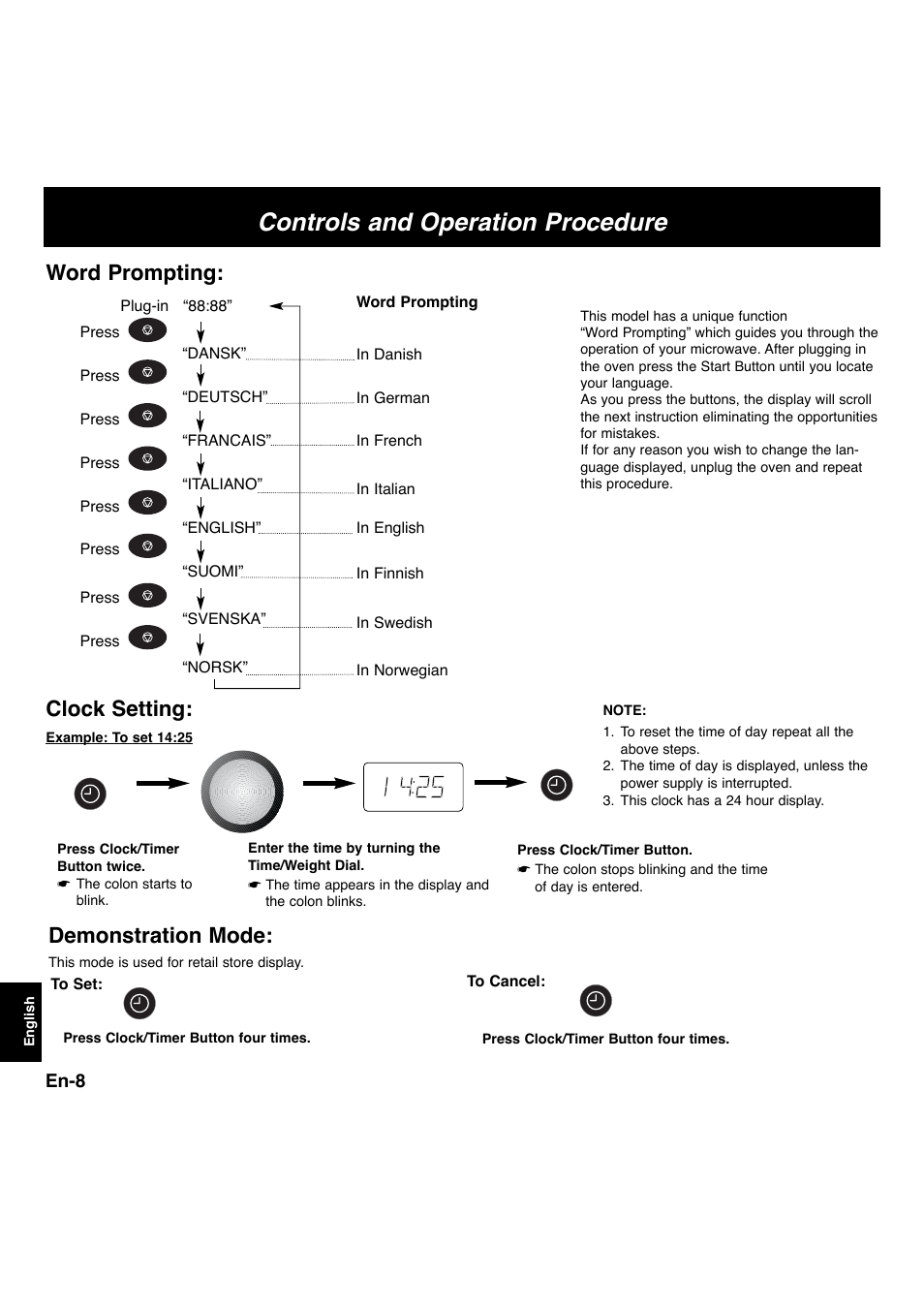 Controls and operation procedure, Clock setting, Word prompting | Demonstration mode | Panasonic NNL534MBWPG User Manual | Page 140 / 189