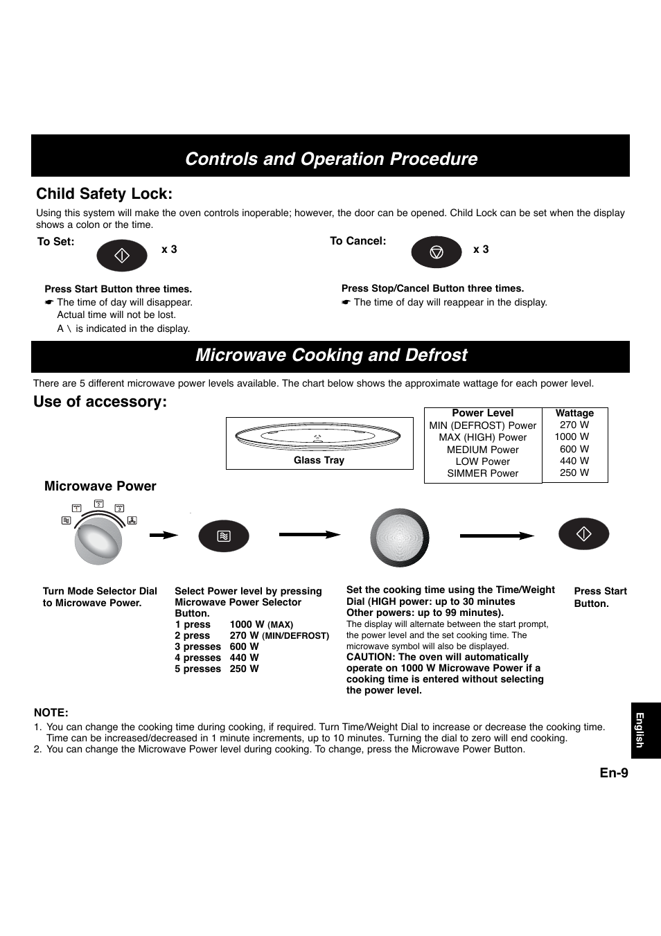 Microwave cooking and defrost, Controls and operation procedure, Use of accessory | Child safety lock, En-9, Microwave power | Panasonic NNL534MBWPG User Manual | Page 141 / 189