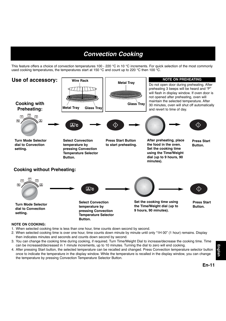 Convection cooking, Use of accessory, En-11 | Cooking with preheating, Cooking without preheating | Panasonic NNL534MBWPG User Manual | Page 143 / 189