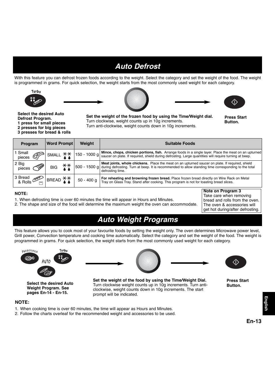 Auto defrost, Auto weight programs, En-13 | Panasonic NNL534MBWPG User Manual | Page 145 / 189