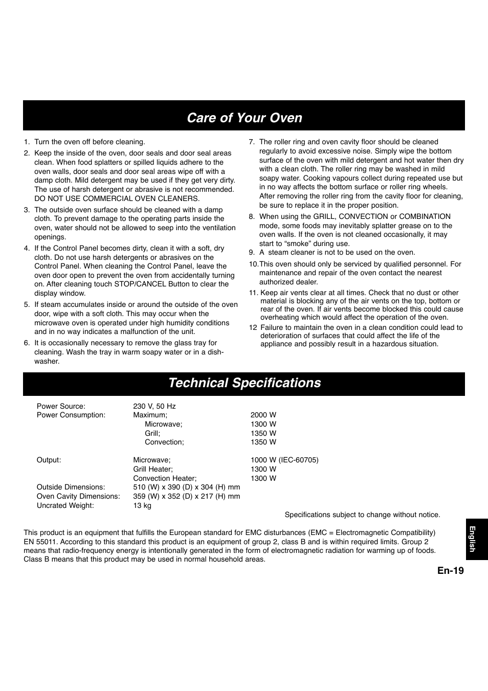 Care of your oven technical specifications, En-19 | Panasonic NNL534MBWPG User Manual | Page 151 / 189