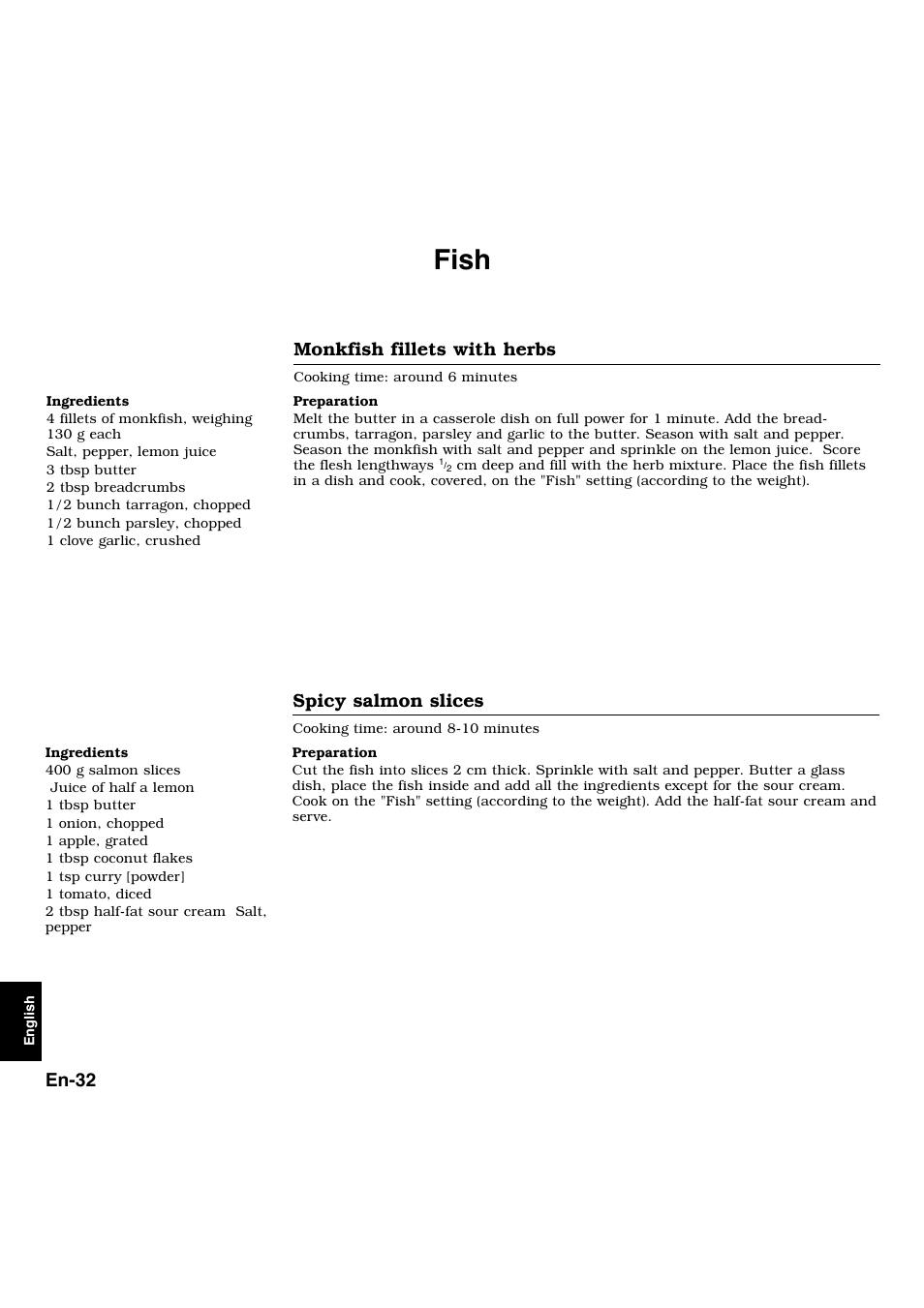 Fish, En-32, Monkfish fillets with herbs | Spicy salmon slices | Panasonic NNL534MBWPG User Manual | Page 164 / 189