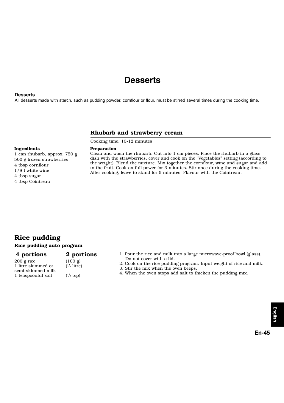 Desserts, Rice pudding, En-45 | Rhubarb and strawberry cream, 4 portions 2 portions | Panasonic NNL534MBWPG User Manual | Page 177 / 189