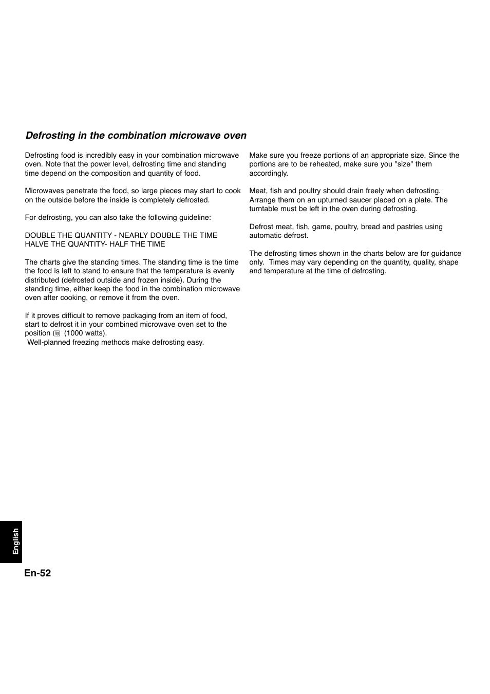 En-52, Defrosting in the combination microwave oven | Panasonic NNL534MBWPG User Manual | Page 184 / 189