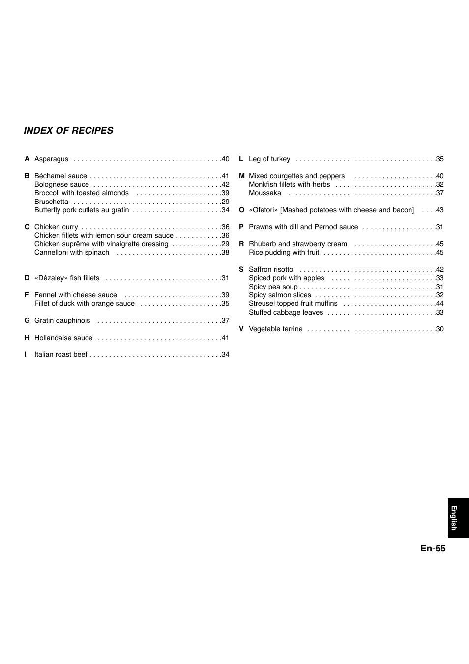 En-55, Index of recipes | Panasonic NNL534MBWPG User Manual | Page 187 / 189