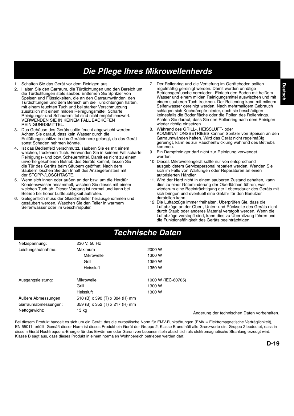 Die pflege ihres mikrowellenherds, Technische daten, D-19 | Panasonic NNL534MBWPG User Manual | Page 20 / 189