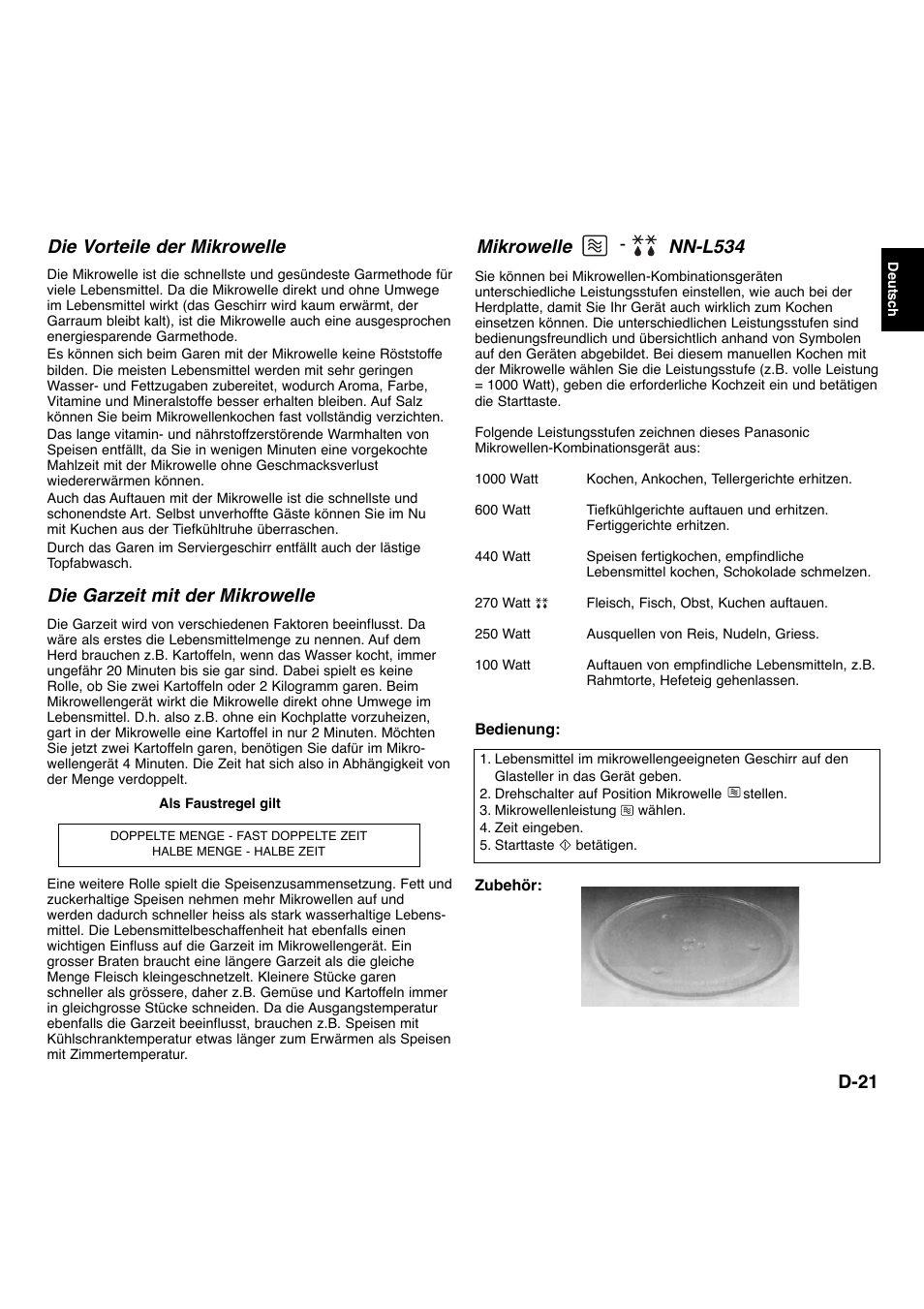 Die vorteile der mikrowelle, Die garzeit mit der mikrowelle, Mikrowelle nn-l534 | D-21 | Panasonic NNL534MBWPG User Manual | Page 22 / 189