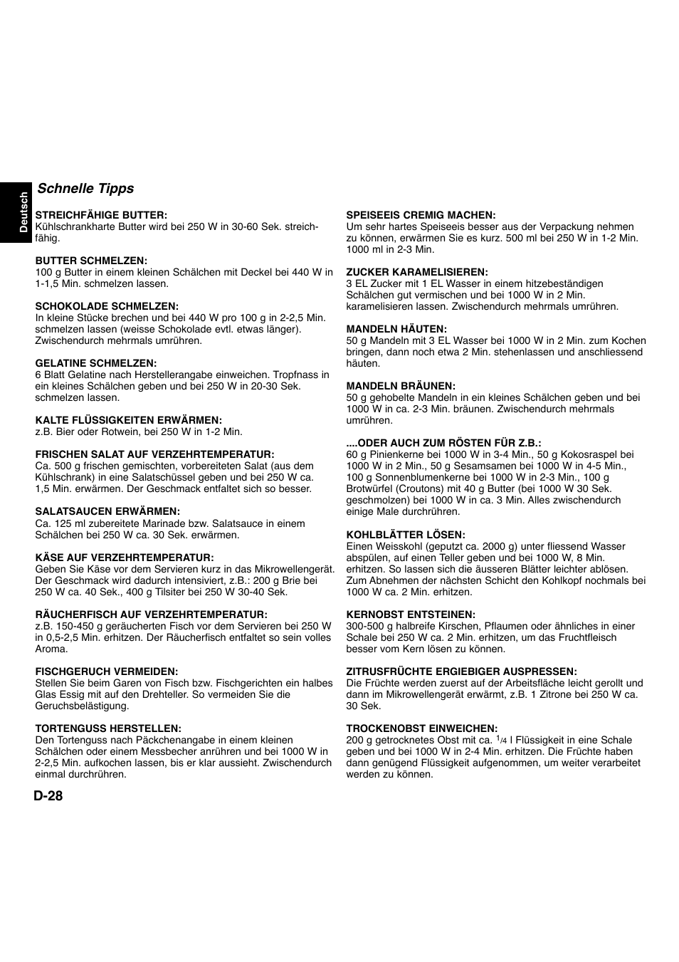 D-28, Schnelle tipps | Panasonic NNL534MBWPG User Manual | Page 29 / 189