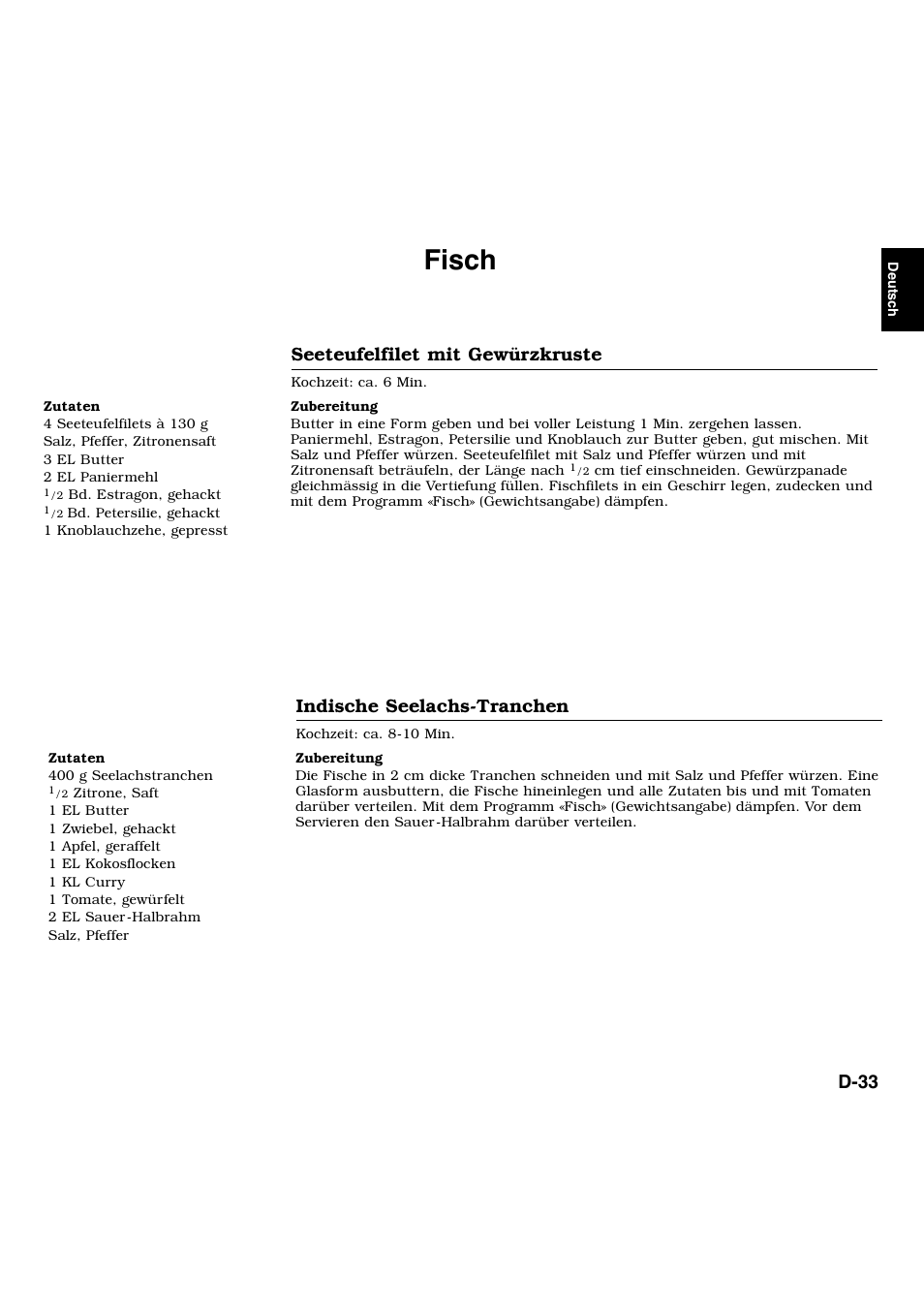 Fisch, Seeteufelfilet mit gewürzkruste, Indische seelachs-tranchen | D-33 | Panasonic NNL534MBWPG User Manual | Page 34 / 189