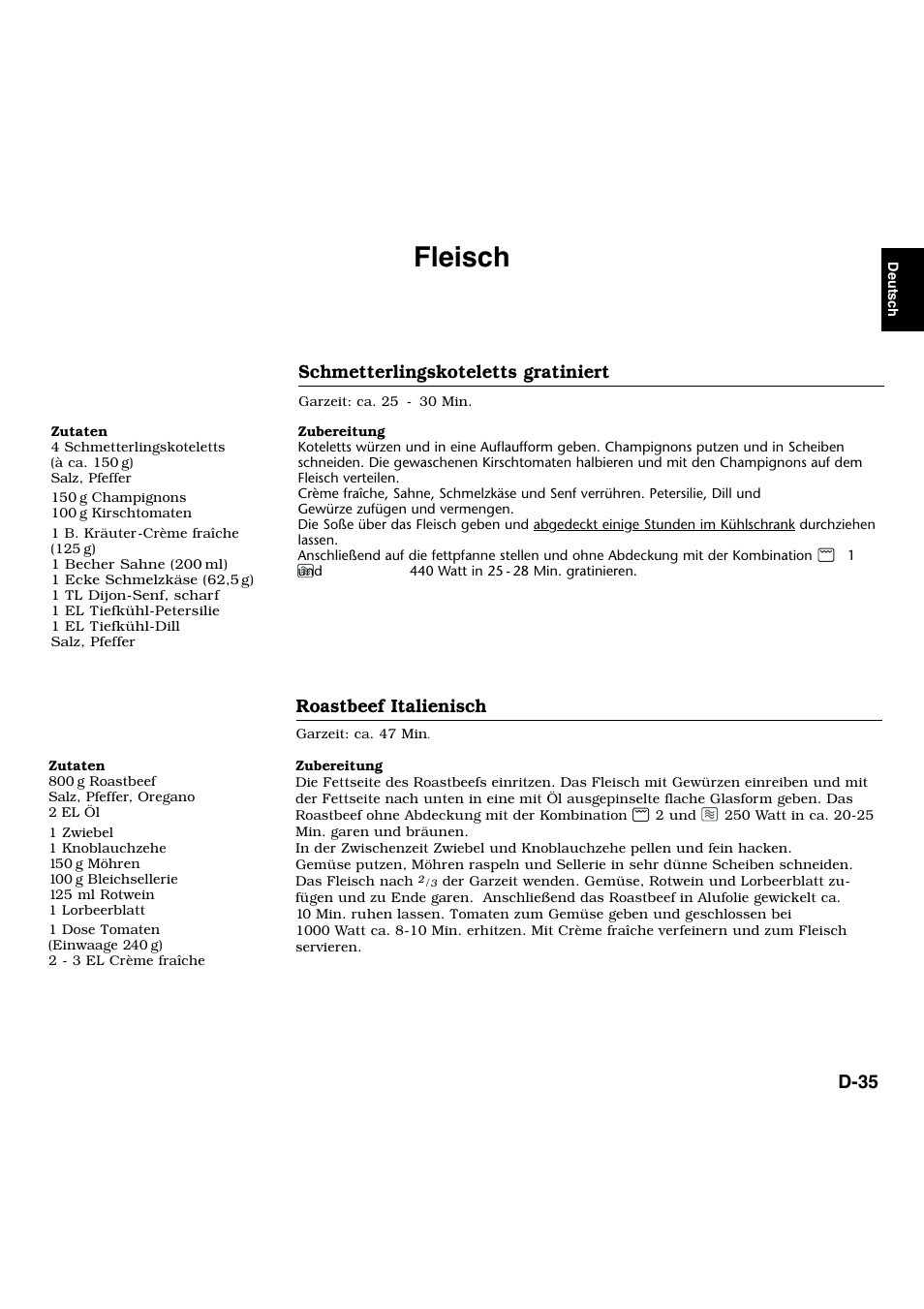 Fleisch, Schmetterlingskoteletts gratiniert, Roastbeef italienisch | D-35 | Panasonic NNL534MBWPG User Manual | Page 36 / 189