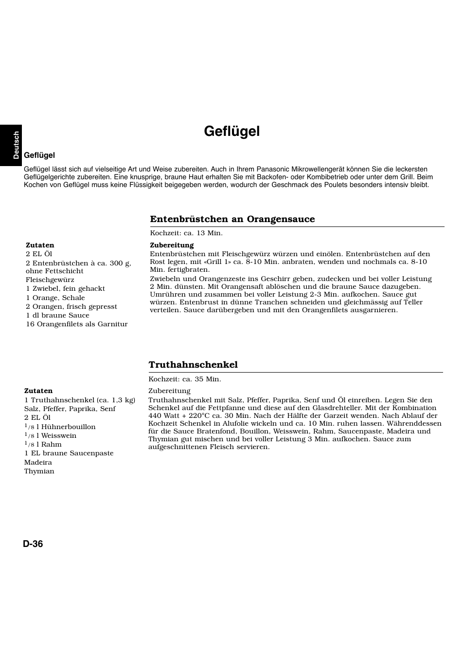 Geflügel, D-36, Entenbrüstchen an orangensauce | Truthahnschenkel | Panasonic NNL534MBWPG User Manual | Page 37 / 189