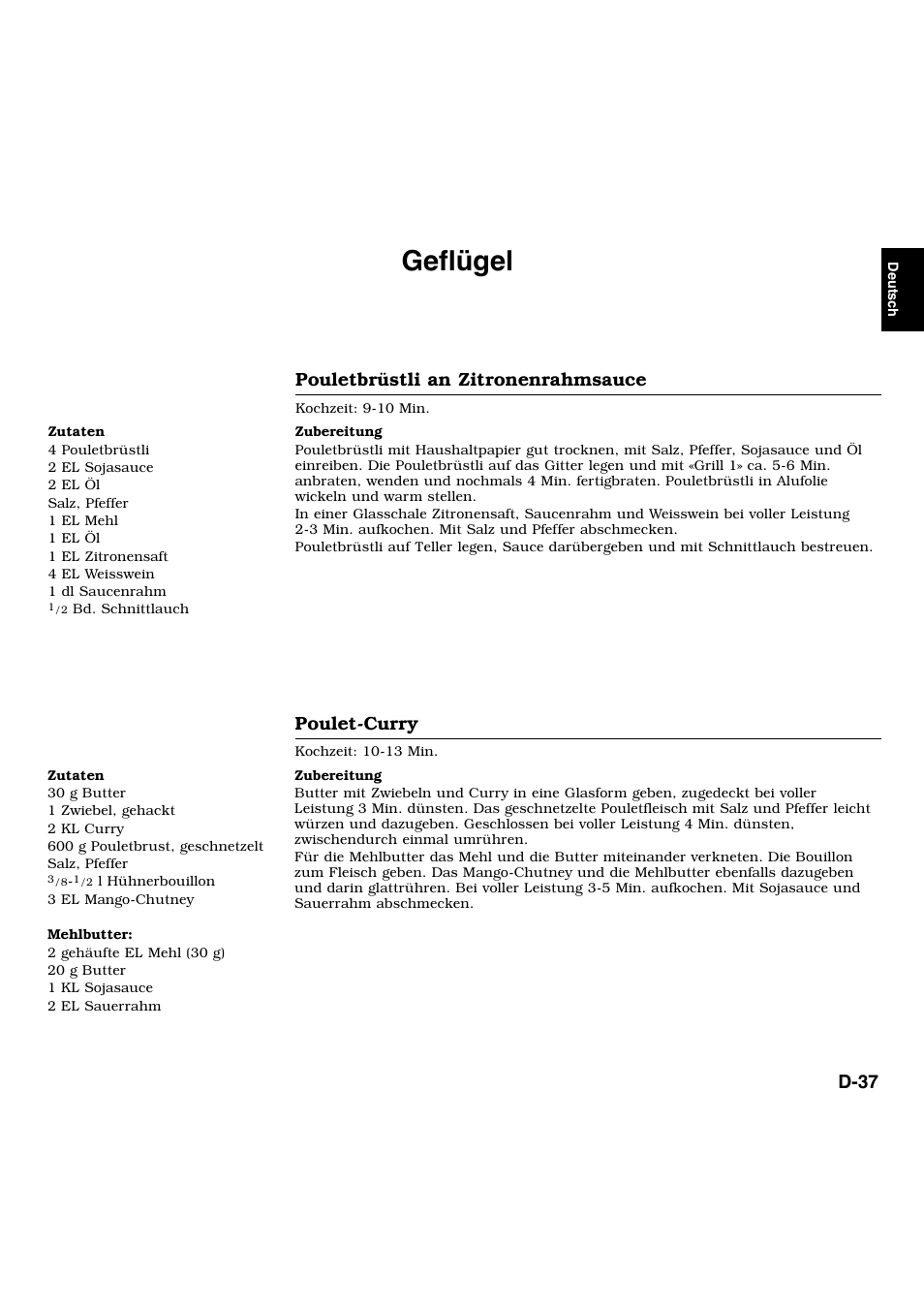 Geflügel, Pouletbrüstli an zitronenrahmsauce, Poulet-curry | D-37 | Panasonic NNL534MBWPG User Manual | Page 38 / 189