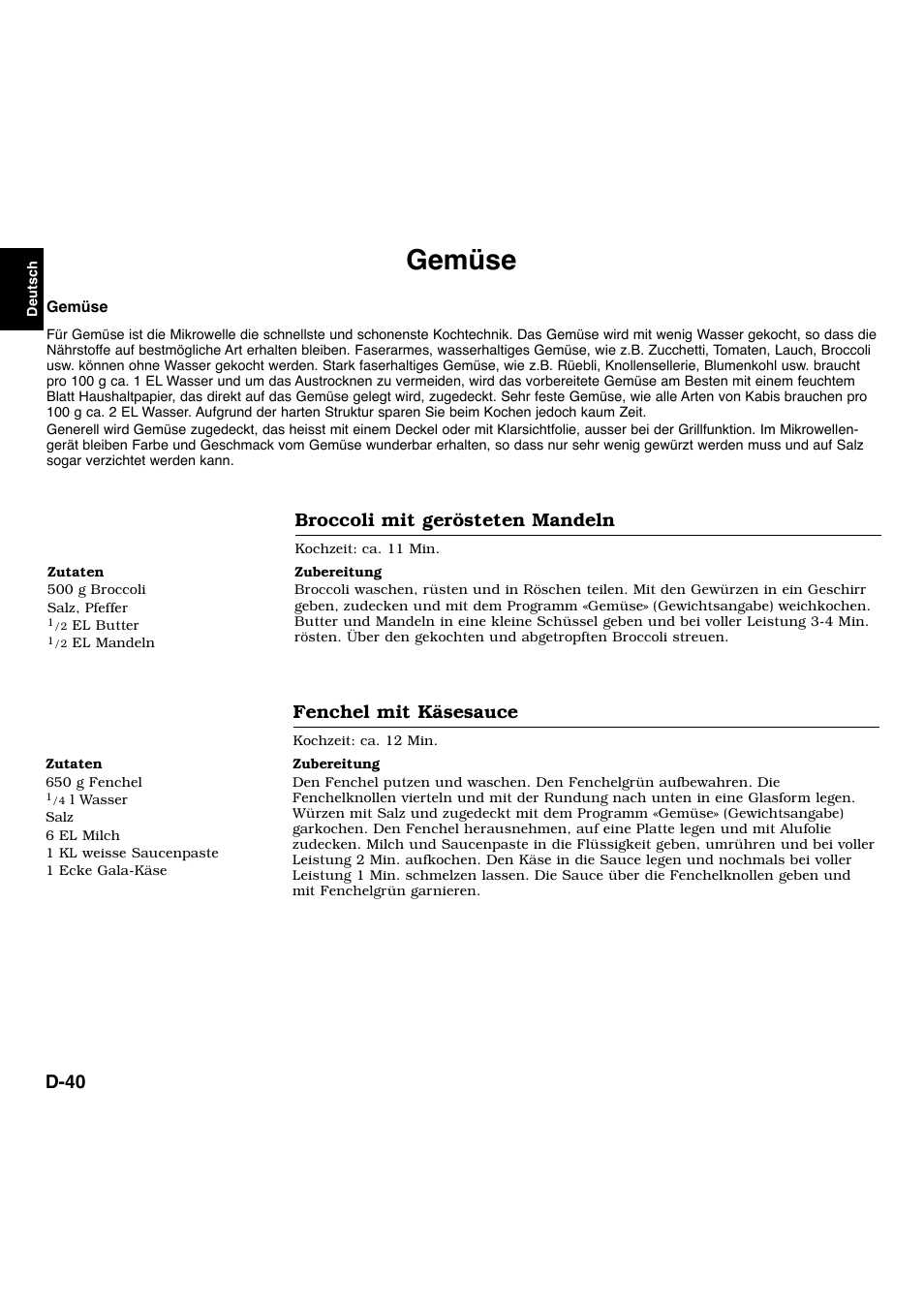 Gemüse, D-40, Broccoli mit gerösteten mandeln | Fenchel mit käsesauce | Panasonic NNL534MBWPG User Manual | Page 41 / 189