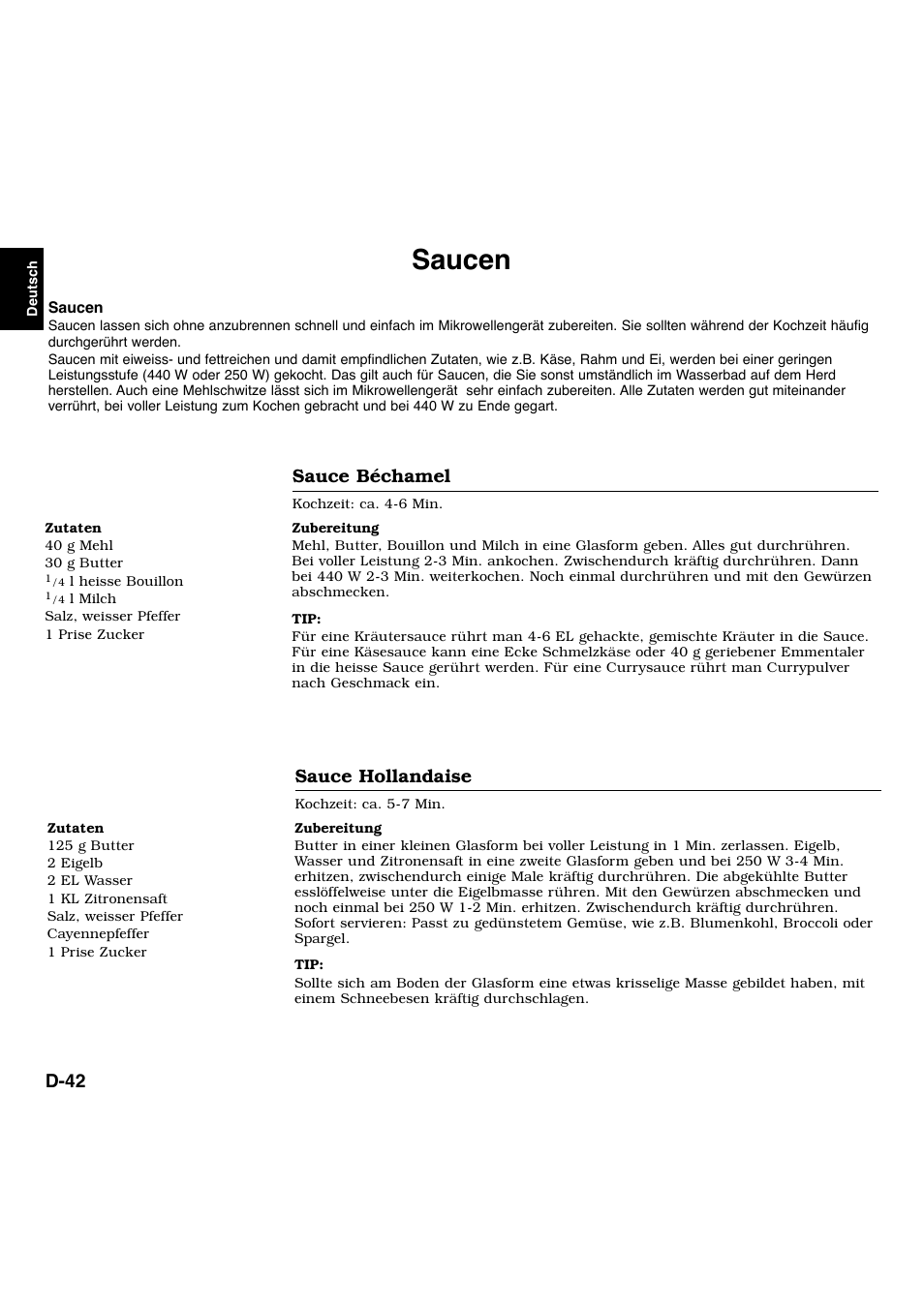 Saucen, D-42, Sauce béchamel | Sauce hollandaise | Panasonic NNL534MBWPG User Manual | Page 43 / 189