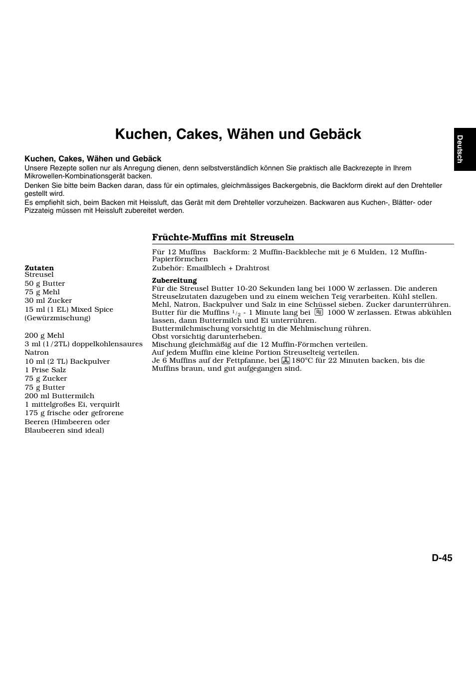 Kuchen, cakes, wähen und gebäck, Früchte-muffins mit streuseln, D-45 | Panasonic NNL534MBWPG User Manual | Page 46 / 189