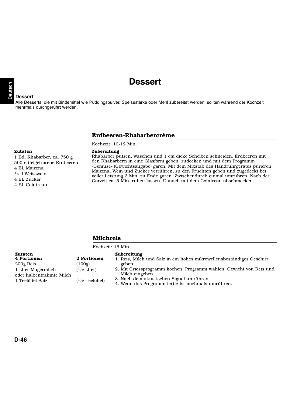 Dessert, D-46, Erdbeeren-rhabarbercrème | Milchreis | Panasonic NNL534MBWPG User Manual | Page 47 / 189