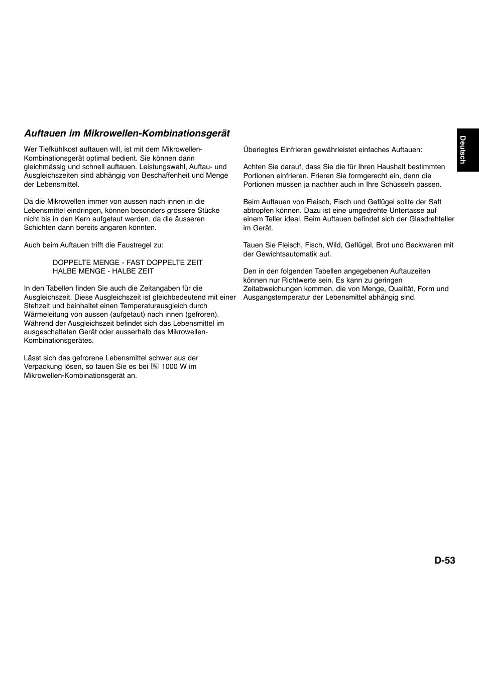 Auftauen im mikrowellen-kombinationsgerät, D-53 | Panasonic NNL534MBWPG User Manual | Page 54 / 189
