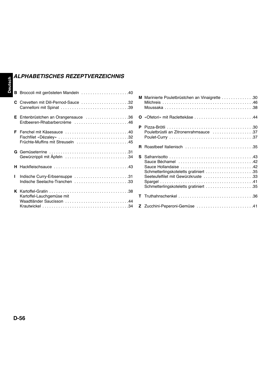 D-56, Alphabetisches rezeptverzeichnis | Panasonic NNL534MBWPG User Manual | Page 57 / 189