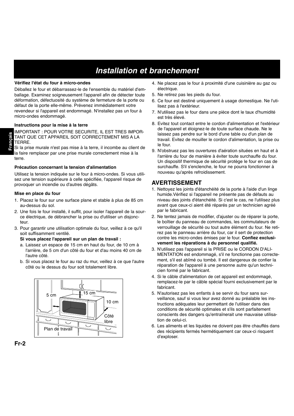 Installation et branchement, Fr-2, Avertissement | Panasonic NNL534MBWPG User Manual | Page 59 / 189