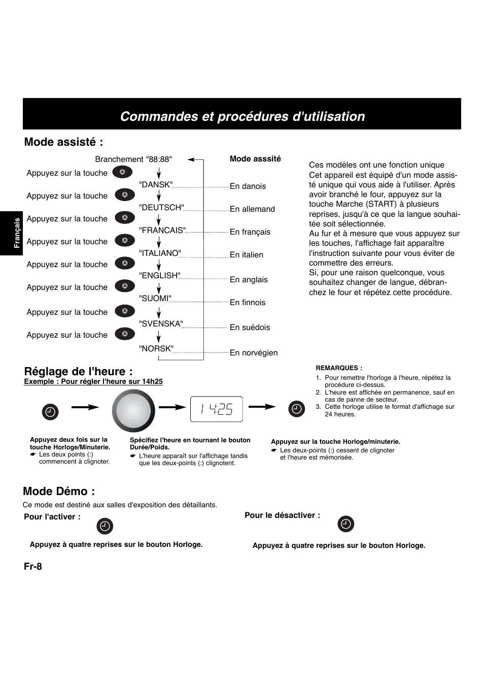 Commandes et procédures d'utilisation, Réglage de l'heure, Mode assisté | Mode démo, Fr-8 | Panasonic NNL534MBWPG User Manual | Page 65 / 189