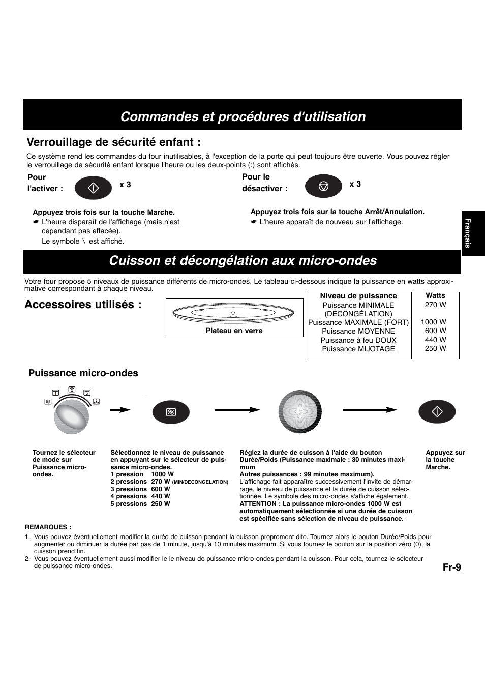 Cuisson et décongélation aux micro-ondes, Commandes et procédures d'utilisation, Accessoires utilisés | Verrouillage de sécurité enfant, Fr-9, Puissance micro-ondes | Panasonic NNL534MBWPG User Manual | Page 66 / 189