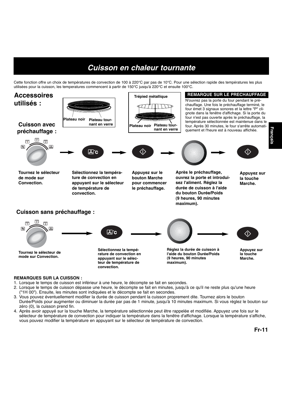 Cuisson en chaleur tournante, Accessoires utilisés, Fr-11 | Cuisson avec préchauffage, Cuisson sans préchauffage | Panasonic NNL534MBWPG User Manual | Page 68 / 189