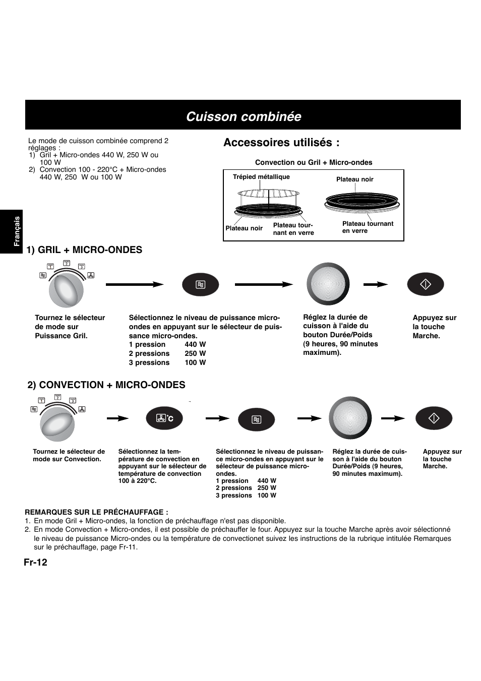 Cuisson combinée, Accessoires utilisés, Fr-12 | 1) gril + micro-ondes, 2) convection + micro-ondes | Panasonic NNL534MBWPG User Manual | Page 69 / 189