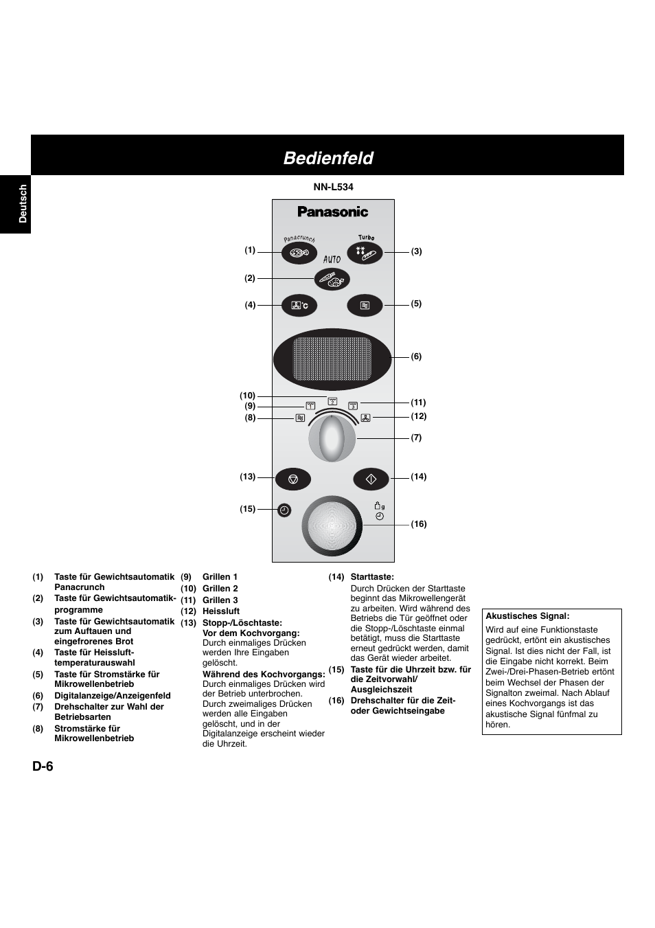 Bedienfeld | Panasonic NNL534MBWPG User Manual | Page 7 / 189