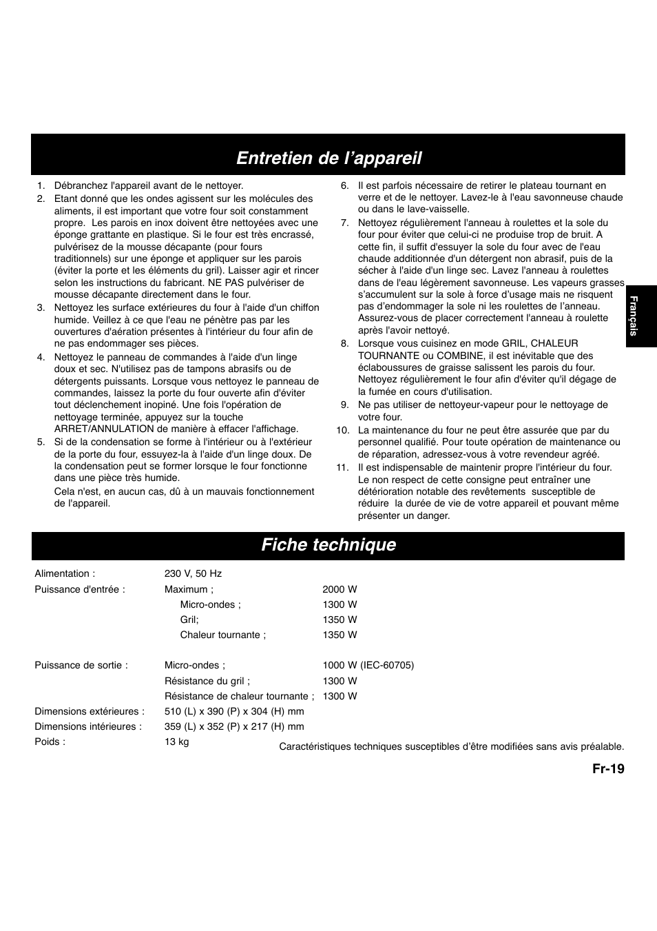 Entretien de l’appareil fiche technique, Fr-19 | Panasonic NNL534MBWPG User Manual | Page 76 / 189