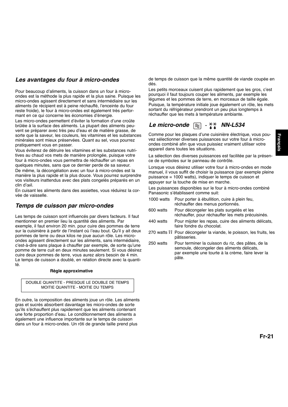 Fr-21, Les avantages du four à micro-ondes, Temps de cuisson par micro-ondes | Le micro-onde nn-l534 | Panasonic NNL534MBWPG User Manual | Page 78 / 189