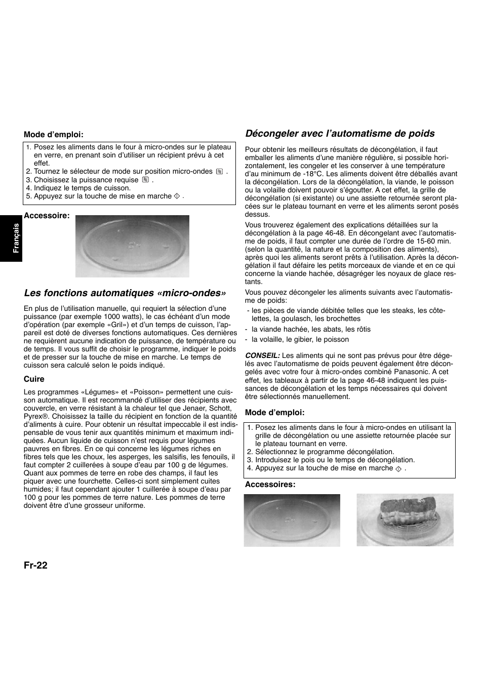 Fr-22, Les fonctions automatiques «micro-ondes, Décongeler avec l’automatisme de poids | Panasonic NNL534MBWPG User Manual | Page 79 / 189