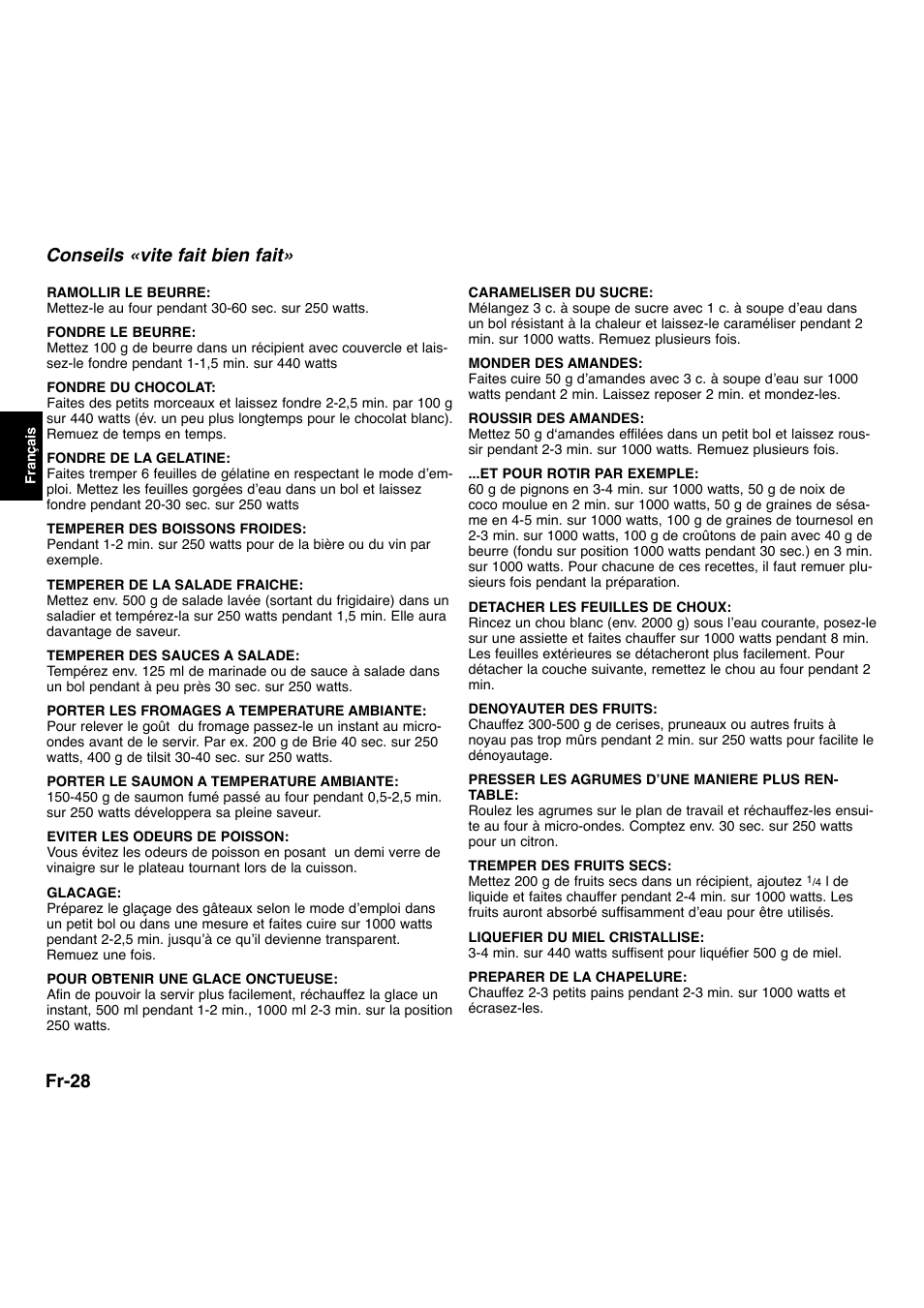 Fr-28, Conseils «vite fait bien fait | Panasonic NNL534MBWPG User Manual | Page 85 / 189