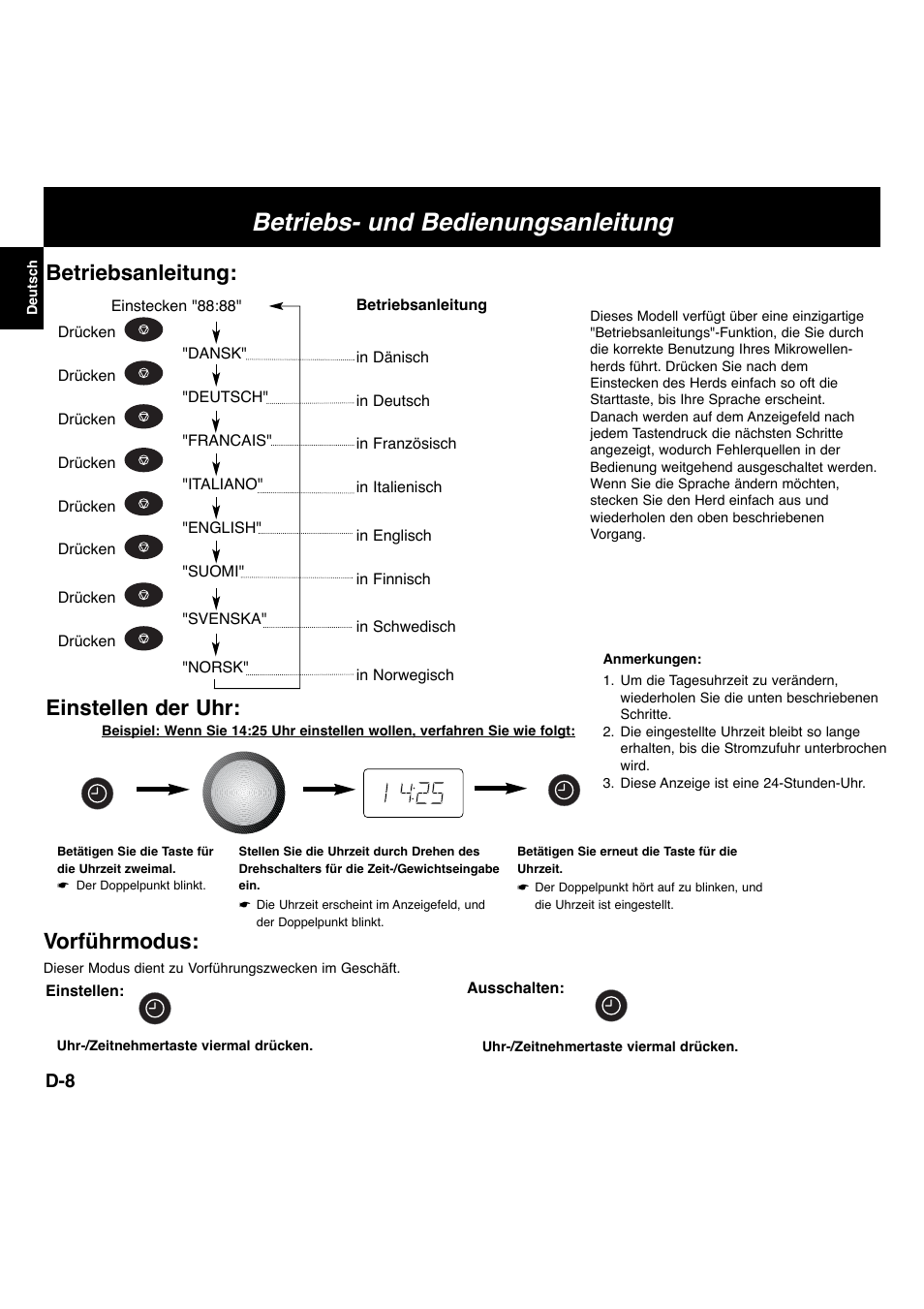 Betriebs- und bedienungsanleitung, Einstellen der uhr, Betriebsanleitung | Vorführmodus | Panasonic NNL534MBWPG User Manual | Page 9 / 189