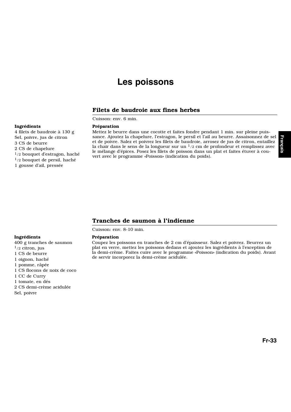 Les poissons, Fr-33, Filets de baudroie aux fines herbes | Tranches de saumon à l’indienne | Panasonic NNL534MBWPG User Manual | Page 90 / 189
