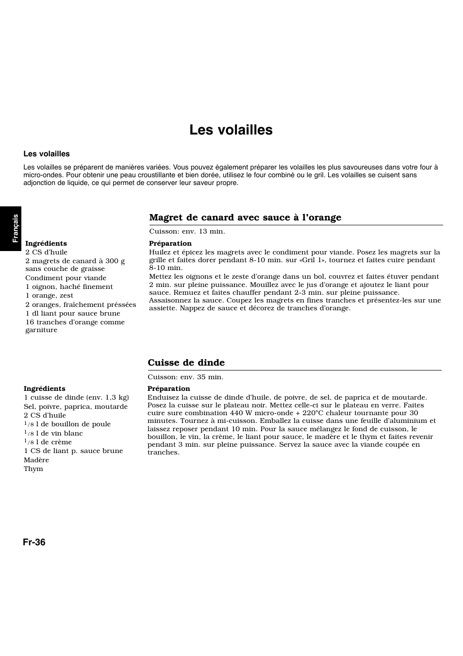 Les volailles, Fr-36, Magret de canard avec sauce à l’orange | Cuisse de dinde | Panasonic NNL534MBWPG User Manual | Page 93 / 189