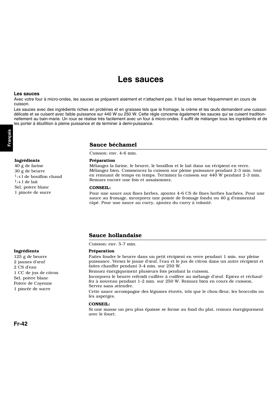 Les sauces, Fr-42, Sauce béchamel | Sauce hollandaise | Panasonic NNL534MBWPG User Manual | Page 99 / 189