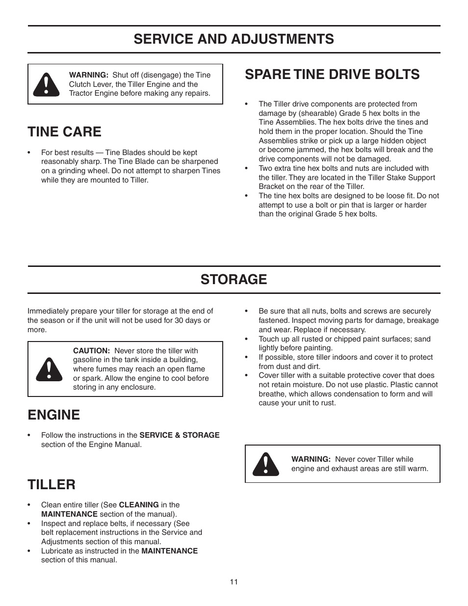 Tine care, Spare tine drive bolts, Engine | Tiller, Service and adjustments storage | Agri-Fab 45-03085 User Manual | Page 11 / 16