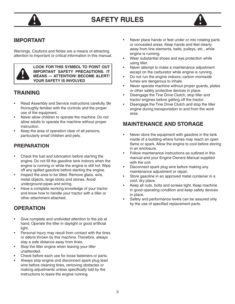 Safety rules, Training, Operation | Important, Maintenance and storage, Preparation | Agri-Fab 45-03085 User Manual | Page 3 / 16