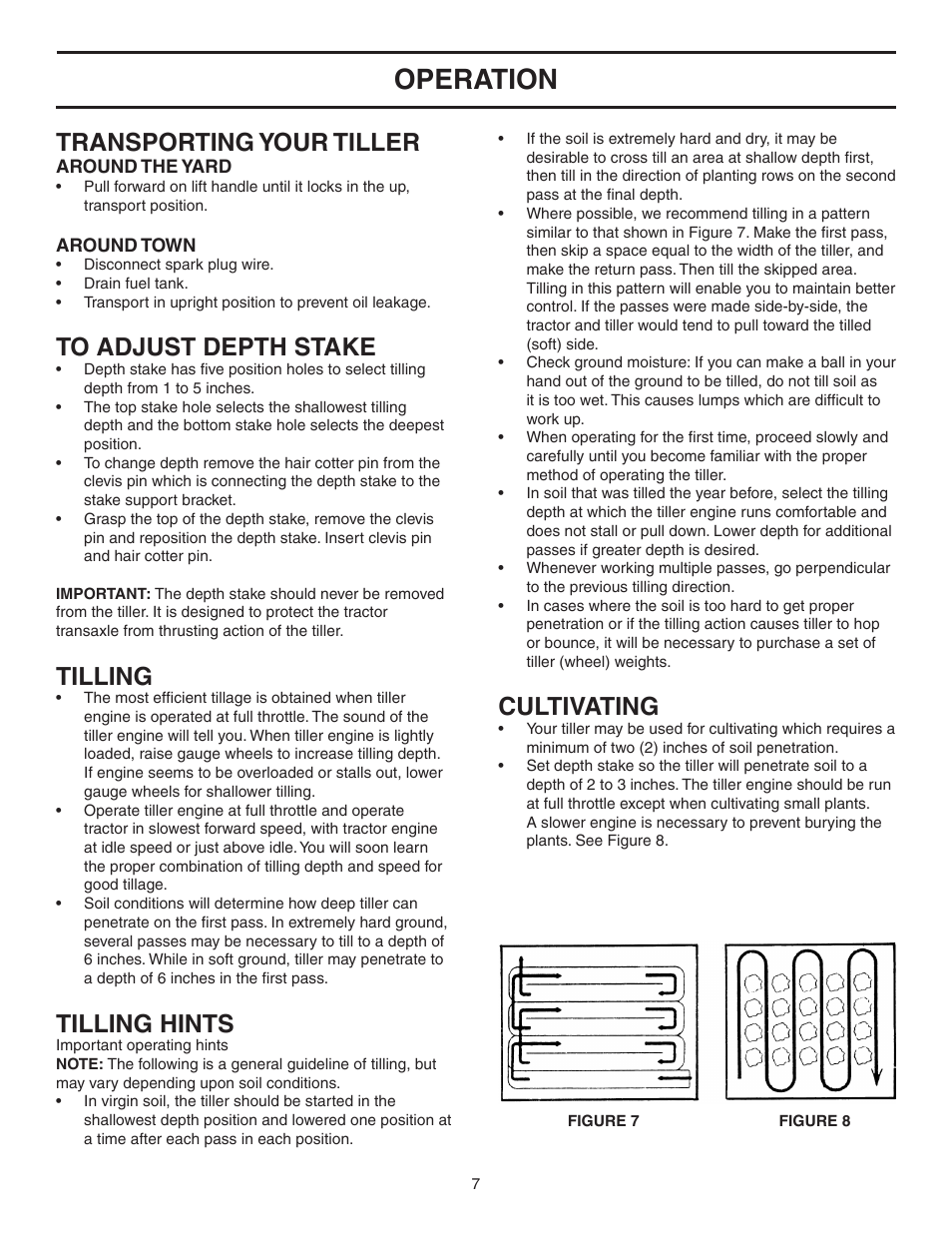 Operation, Transporting your tiller, Tilling | Tilling hints, Cultivating | Agri-Fab 45-03085 User Manual | Page 7 / 16