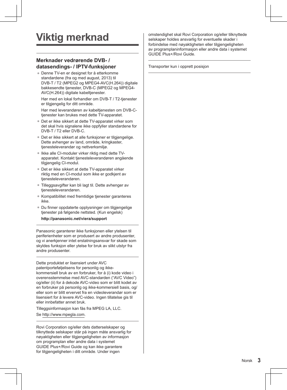 Viktig merknad | Panasonic TX32AS500Y User Manual | Page 103 / 140