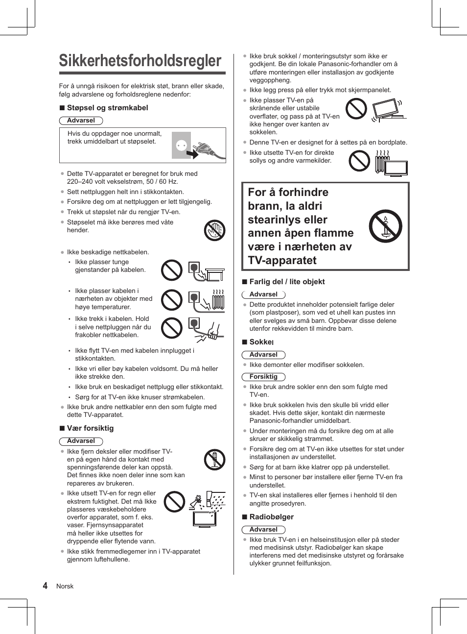 Sikkerhetsforholdsregler | Panasonic TX32AS500Y User Manual | Page 104 / 140
