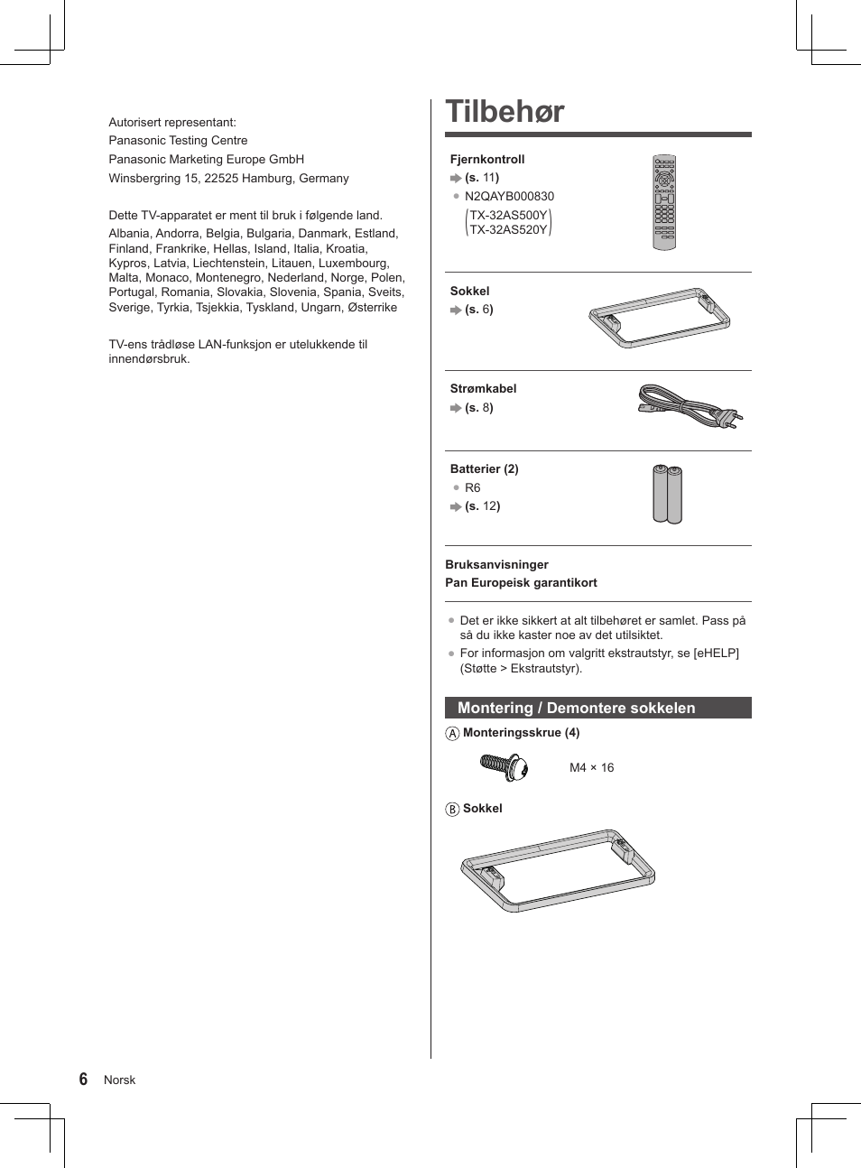 Tilbehør | Panasonic TX32AS500Y User Manual | Page 106 / 140
