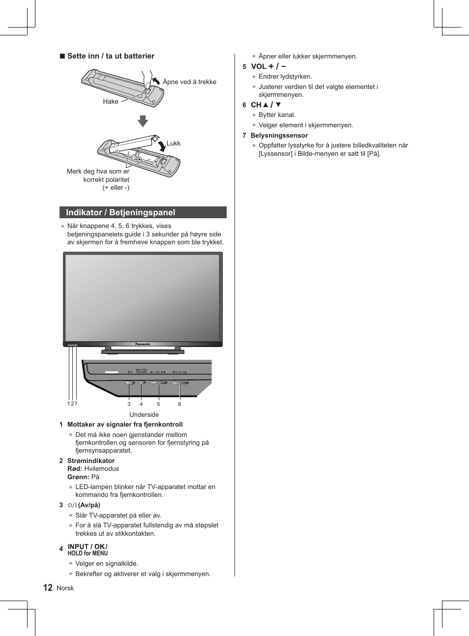 Indikator / betjeningspanel | Panasonic TX32AS500Y User Manual | Page 112 / 140