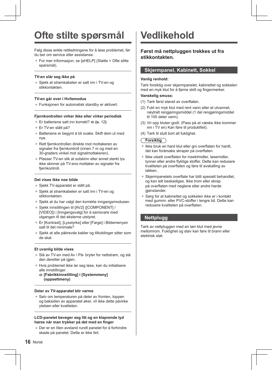 Vedlikehold, Ofte stilte spørsmål | Panasonic TX32AS500Y User Manual | Page 116 / 140